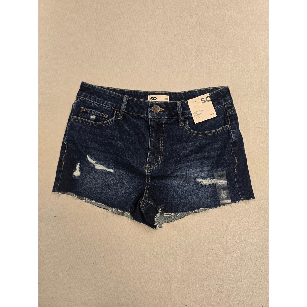 SO High Rise Shortie Denim Shorts Dark Wash Distressed Raw Hem Size 11 30W NWT